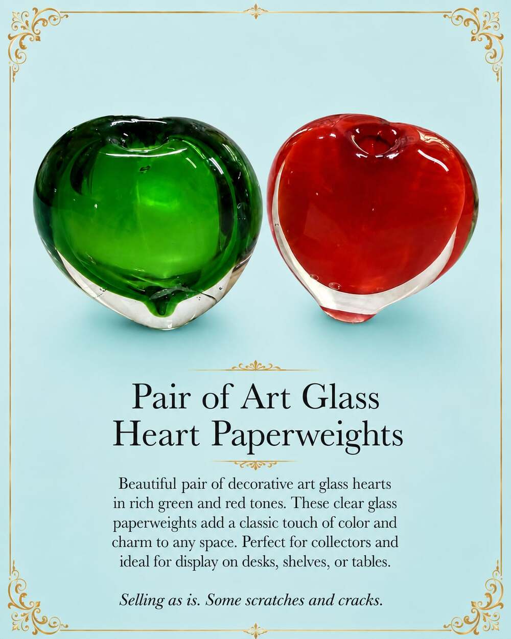 Pair of Decorative Art Glass Heart Paperweights in Green and Red